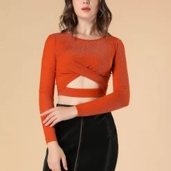 Women Allegra K Long Sleeve Crew Neck Cut Out Glitter Cross Crop Tops