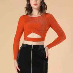 Women Allegra K Long Sleeve Crew Neck Cut Out Glitter Cross Crop Tops