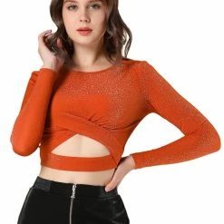 Women Allegra K Long Sleeve Crew Neck Cut Out Glitter Cross Crop Tops