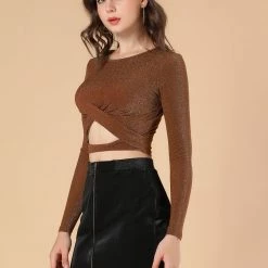 Women Allegra K Long Sleeve Crew Neck Cut Out Glitter Cross Crop Tops