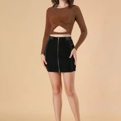 Women Allegra K Long Sleeve Crew Neck Cut Out Glitter Cross Crop Tops