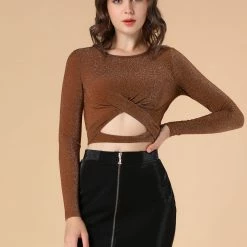 Women Allegra K Long Sleeve Crew Neck Cut Out Glitter Cross Crop Tops