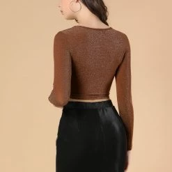 Women Allegra K Long Sleeve Crew Neck Cut Out Glitter Cross Crop Tops