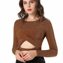Women Allegra K Long Sleeve Crew Neck Cut Out Glitter Cross Crop Tops