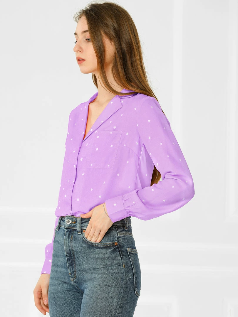 Allegra K Women's Heart Polka Dots Button Up Notched Lapel V Neck Shirt Tops 23 Allegra K Women's Heart Polka Dots Button Up Notched Lapel V Neck Shirt Tops