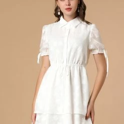 Allegra K Women's Collar Half Short Sleeve Placket Drawstring Layered Shirt Dress 24 Allegra K Women's Collar Half Short Sleeve Placket Drawstring Layered Shirt Dress