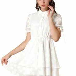 Allegra K Women's Collar Half Short Sleeve Placket Drawstring Layered Shirt Dress