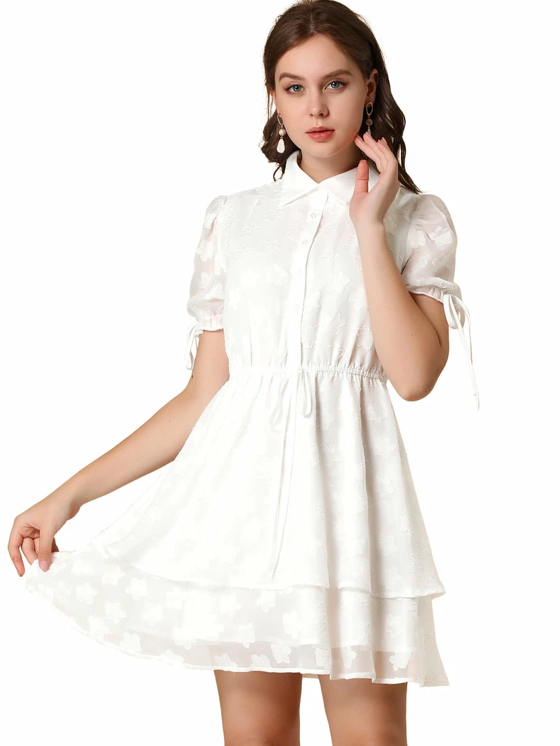 Allegra K Women's Collar Half Short Sleeve Placket Drawstring Layered Shirt Dress 4 Allegra K Women's Collar Half Short Sleeve Placket Drawstring Layered Shirt Dress