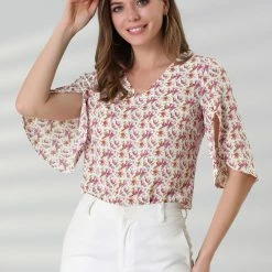 Allegra K Women's Casual Half Ruffle Sleeve Shirts V Neck Floral Blouse Tops