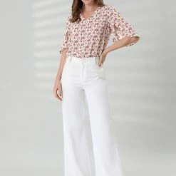 Allegra K Women's Casual Half Ruffle Sleeve Shirts V Neck Floral Blouse Tops