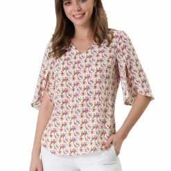 Allegra K Women's Casual Half Ruffle Sleeve Shirts V Neck Floral Blouse Tops