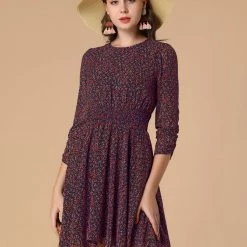 Allegra K Women's Floral Dress Shirred 3/4 Sleeve Asymmetrical Hem Smocked Dresses