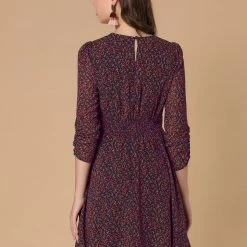 Allegra K Women's Floral Dress Shirred 3/4 Sleeve Asymmetrical Hem Smocked Dresses