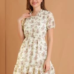 Allegra K Women's Midi Ruffle Trim Fit And Flare Shirred Floral Dress 12 Allegra K Women's Midi Ruffle Trim Fit And Flare Shirred Floral Dress