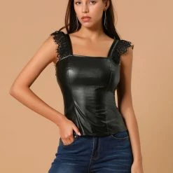 Allegra K Women's Lace Trim Party Faux Leather PU Tank Top 19 Allegra K Women's Lace Trim Party Faux Leather PU Tank Top