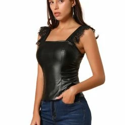 Allegra K Women's Lace Trim Party Faux Leather PU Tank Top