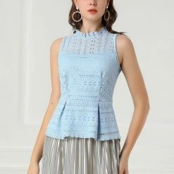 Allegra K Women's Ruffle Neck Keyhole Back Sleeveless Floral Lace Peplum Top