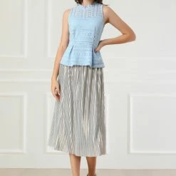 Allegra K Women's Ruffle Neck Keyhole Back Sleeveless Floral Lace Peplum Top