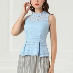 Allegra K Women's Ruffle Neck Keyhole Back Sleeveless Floral Lace Peplum Top