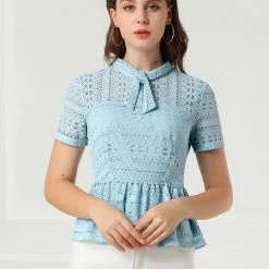 Allegra K Women's Lace Keyhole Back Top Short Sleeve Semi Sheer Blouse