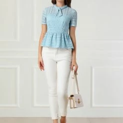 Allegra K Women's Lace Keyhole Back Top Short Sleeve Semi Sheer Blouse