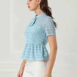 Allegra K Women's Lace Keyhole Back Top Short Sleeve Semi Sheer Blouse