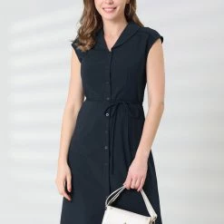 Allegra K Women's Cap Sleeve Shirt Dress Cotton Button Front Tie Waist Business Casual Shirtdress