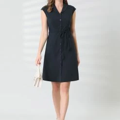 Allegra K Women's Cap Sleeve Shirt Dress Cotton Button Front Tie Waist Business Casual Shirtdress