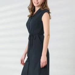 Allegra K Women's Cap Sleeve Shirt Dress Cotton Button Front Tie Waist Business Casual Shirtdress