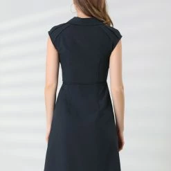 Allegra K Women's Cap Sleeve Shirt Dress Cotton Button Front Tie Waist Business Casual Shirtdress