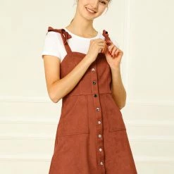 Allegra K Women's Strap Button Down Faux Suede A-Line Mini Overall Dress 76 Allegra K Women's Strap Button Down Faux Suede A-Line Mini Overall Dress