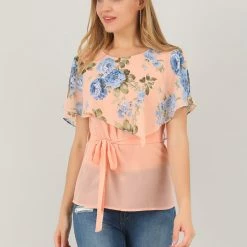Allegra K Women's Chiffon Belted Summer Layered Floral Blouse
