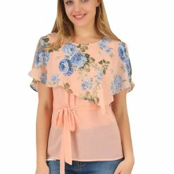 Allegra K Women's Chiffon Belted Summer Layered Floral Blouse