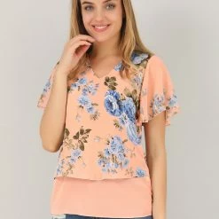 Allegra K Women's Floral Flutter Sleeve Chiffon Layered Top Blouse