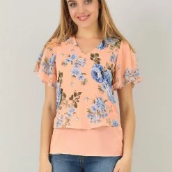 Allegra K Women's Floral Flutter Sleeve Chiffon Layered Top Blouse