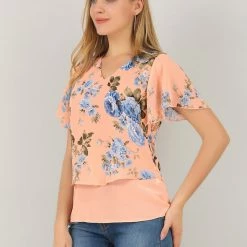 Allegra K Women's Floral Flutter Sleeve Chiffon Layered Top Blouse