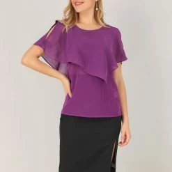 Allegra K Women's Short Sleeve Layered Tie Waist Peplum Top