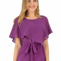 Allegra K Women's Short Sleeve Layered Tie Waist Peplum Top