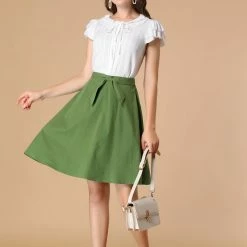 Allegra K Women's A-line Bow Tie Cotton Pleated Flare Skirt