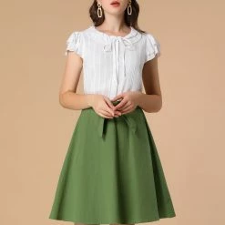 Allegra K Women's A-line Bow Tie Cotton Pleated Flare Skirt