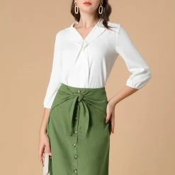 Allegra K Women's Bow Tie Cotton Button Front Flare A-line Skirt