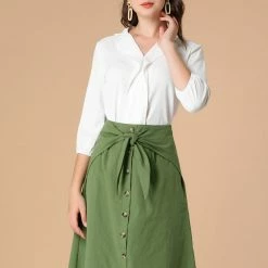 Allegra K Women's Bow Tie Cotton Button Front Flare A-line Skirt