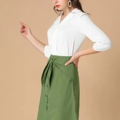 Allegra K Women's Bow Tie Cotton Button Front Flare A-line Skirt