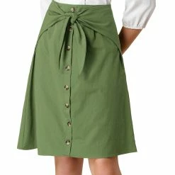 Allegra K Women's Bow Tie Cotton Button Front Flare A-line Skirt