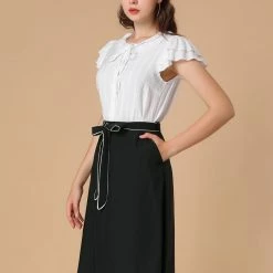 Allegra K Women's Bow Knot Flare A-line Contrast Belted Skirt