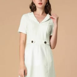 Allegra K Women's Causal Button Decor Collar V Neck Short Sleeve Flare Dress