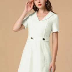 Allegra K Women's Causal Button Decor Collar V Neck Short Sleeve Flare Dress