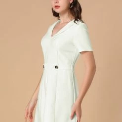 Allegra K Women's Causal Button Decor Collar V Neck Short Sleeve Flare Dress