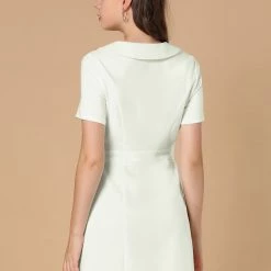 Allegra K Women's Causal Button Decor Collar V Neck Short Sleeve Flare Dress