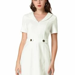Allegra K Women's Causal Button Decor Collar V Neck Short Sleeve Flare Dress